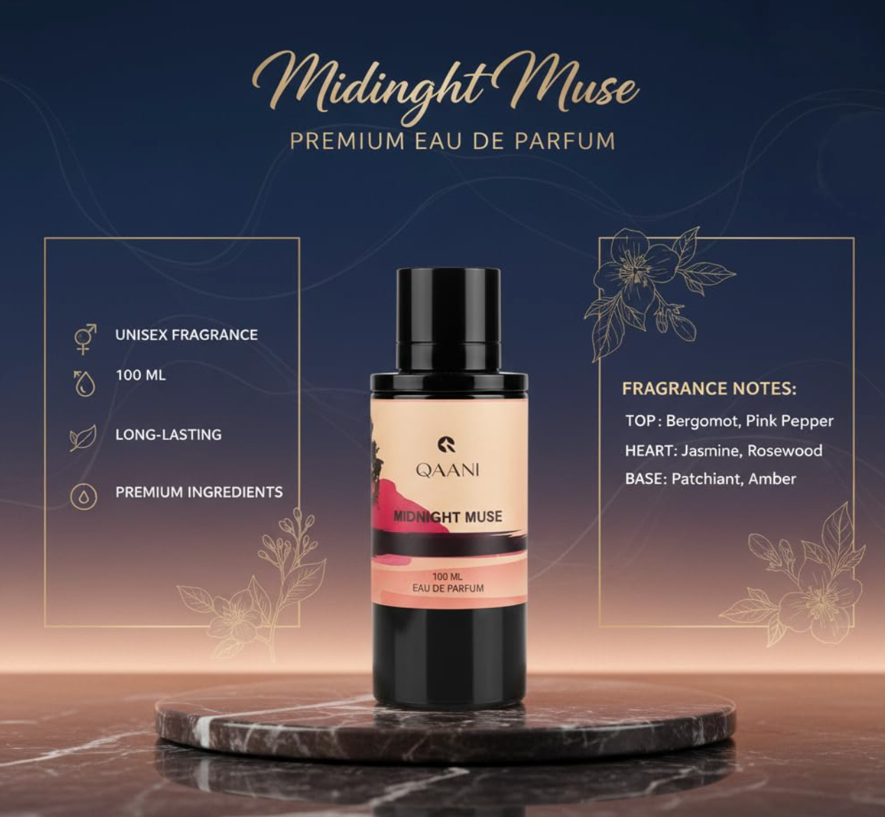 Midnight Muse Premium Eau de Parfum Unisex | Long Lasting Perfume for Men & Women | Fresh, Clean & Luxury Fragrance | Ideal Gift & Party Perfume (EDP) - 100ml